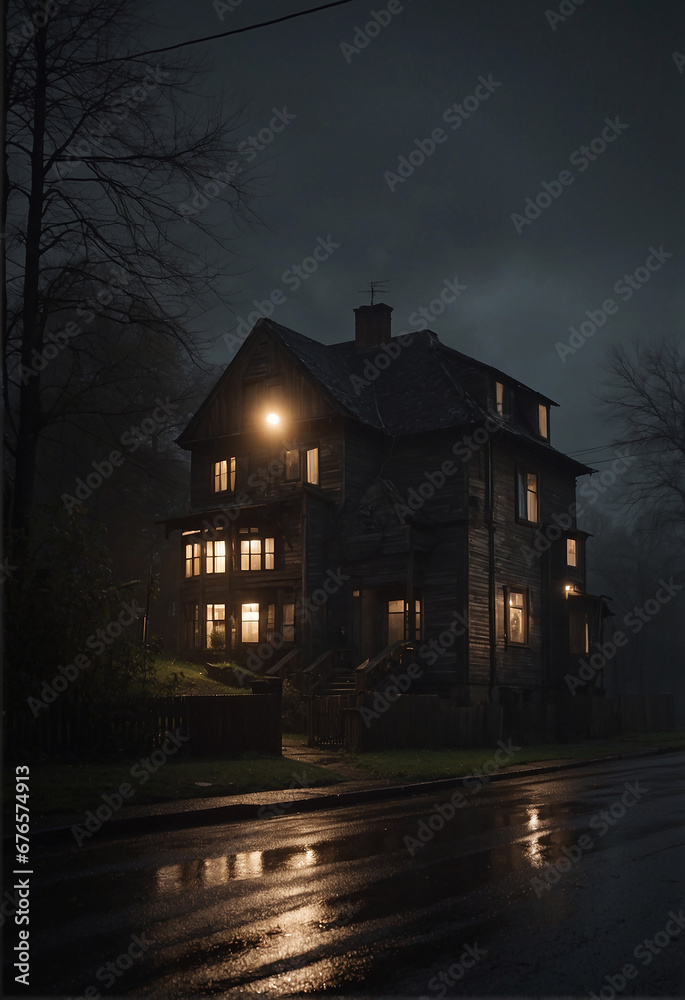 A victorian house in night-lit windows - AI Generative