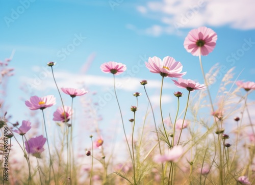 A large field of colorful flowers with blue sky © olegganko