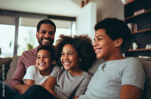 Family in home with two young children on the couch in living room