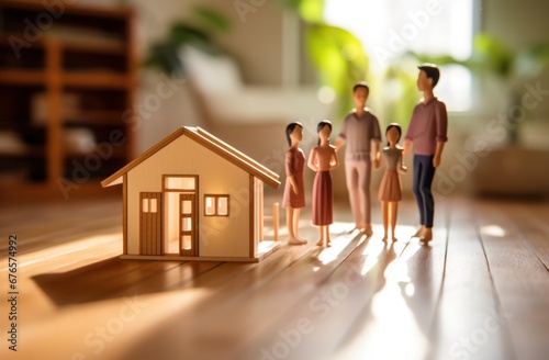 Real estate model of house with family standing on the floor