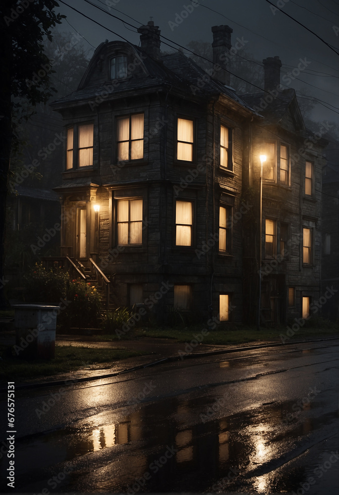 A victorian house in night-lit windows - AI Generative