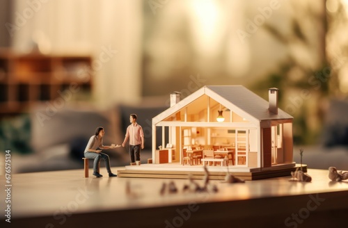 Real estate model of house with family standing on the floor