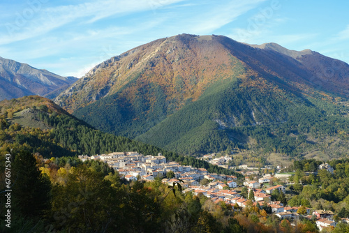 Civitella Alfedena, Abruzzo, in Italy in the autumn with mountains and trees concept of tranquility and relax.