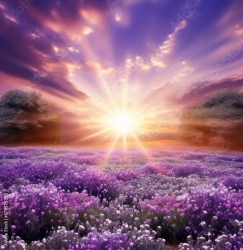 A beautiful sunny day with purple flowers  in the style of dreamlike horizons