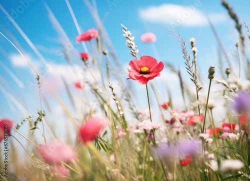 A large field of colorful flowers with blue sky © olegganko