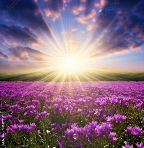 A beautiful sunny day with purple flowers  in the style of dreamlike horizons