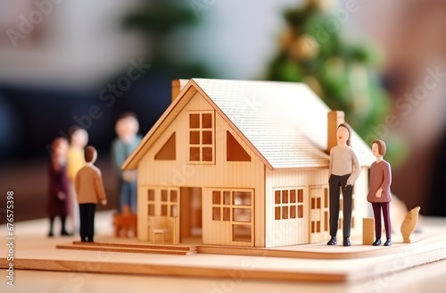 Real estate model of house with family standing on the floor