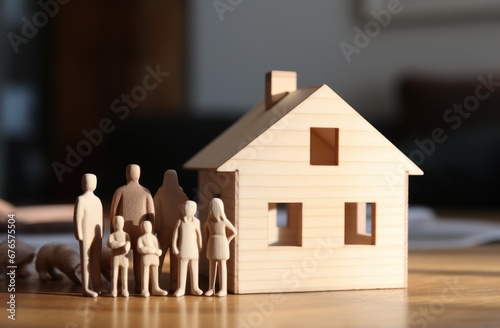 Real estate model of house with family standing on the floor