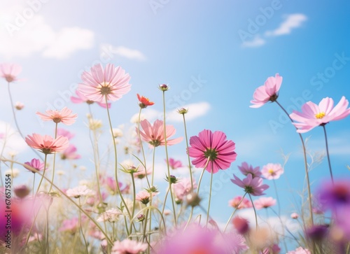 A large field of colorful flowers with blue sky