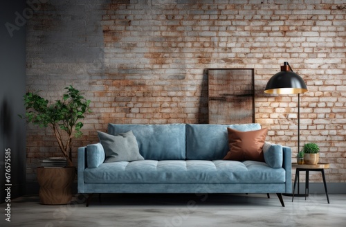A living room with a blue couch and lamp facing a brick wall