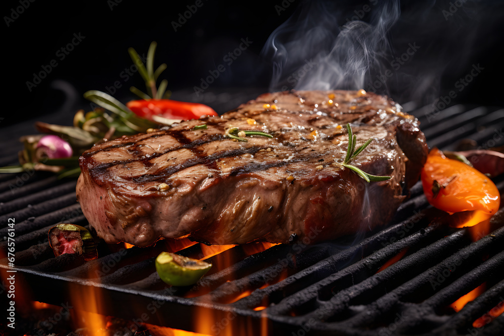 A close-up of a sizzling steak on a hot grill, seared to perfection, with grill marks and a sprinkling of sea salt, accompanied by grilled vegetables. Ai Generated.NO.02