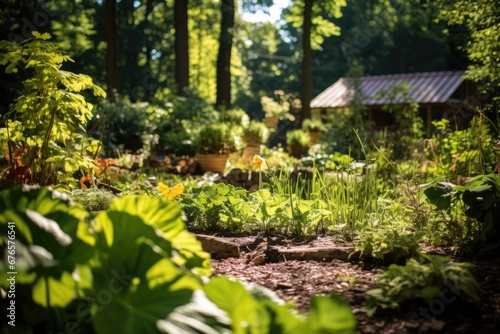 A photograph of a permaculture garden with various plant species thriving together, under the dappled sunlight of a deciduous forest photo