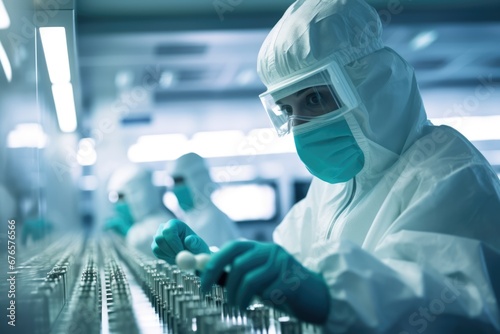 A pharmaceutical researcher in a cleanroom environment, wearing a hazmat suit and handling vials of experimental vaccines, medicine, treatment, development study.