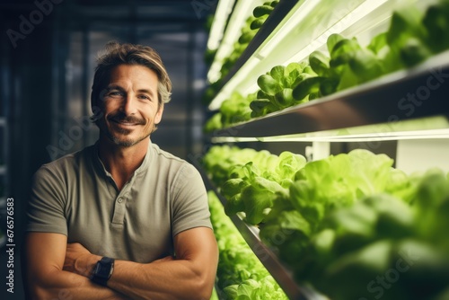A smiling farmer middle age man businessmen demonstrating his high-tech vertical farm facility.