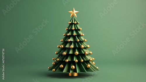 green Christmas tree with golden star and gold ornaments