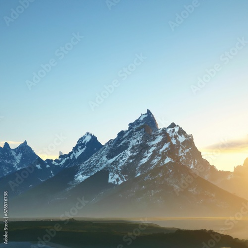 Photography Illustration of a sunlit landscape view with ridged and snowy mountains around f