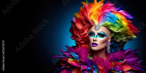 Drag queen person wearing heavy extravagant makeup. Proud expression, rainbow coloured decorations in hair. Wide banner with copy space on side. Generative AI