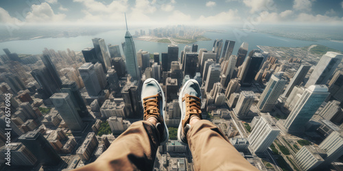 Suspended above the city, the legs sway, free yet anchored to the towering structure photo