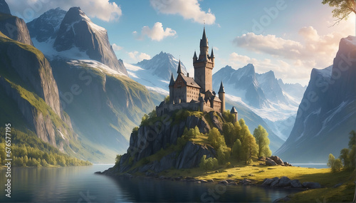 A majestic castle stands tall in the midst of the beautiful lake surrounded with mountains, basking in the warm rays of the sun - AI Generative #676577195