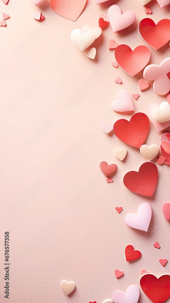 A gentle arrangement of pink and red paper hearts scattered across a pastel background. Happy Valentine's Day. Vertical orientation. 