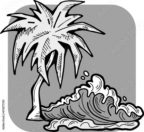 Palm and wave composition. Travel holiday, dream lagoon, spa resort, summer vacation, tropical paradise, ocean coast, sea shore design element. Hand drawn illustration, cartoon comic style vector.