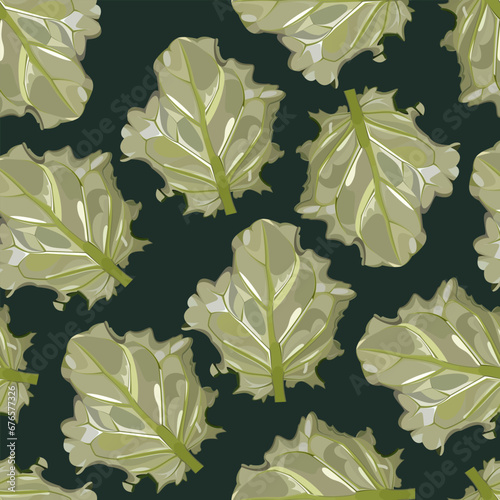Seamless pattern with violet leaves on a dark green background