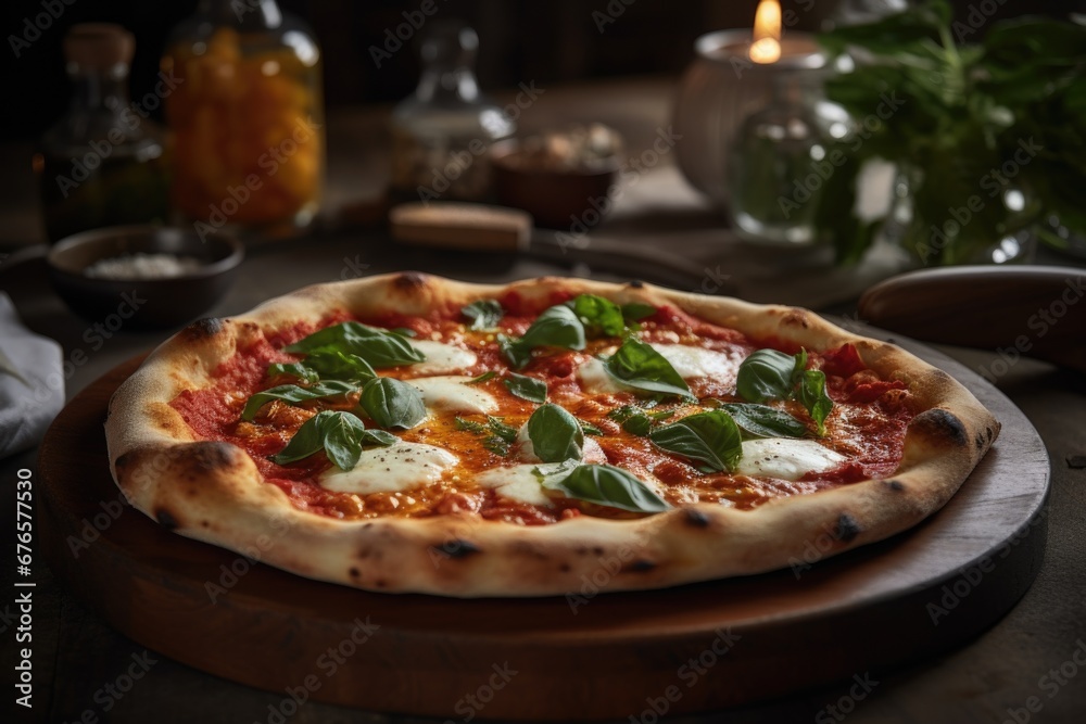 Wooden board showcasing Neapolitan Margherita pizza. Wooden board showcasing Neapolitan Margherita pizza.