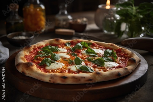 Wooden board showcasing Neapolitan Margherita pizza.