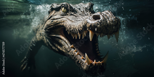 Beneath the water's surface, the alligator open mouth is a gateway to ancient ferocity