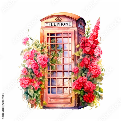  Telephone cabine with flowers watercolor paint ilustration vector