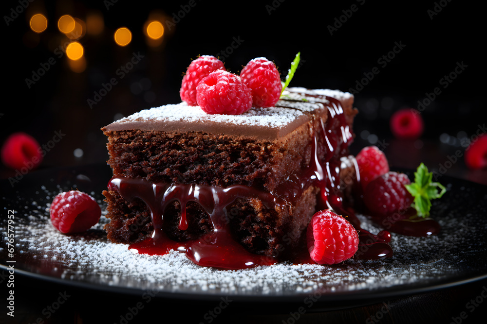 A delectable slice of chocolate cake, decadently moist and layered with velvety chocolate ganache, topped with fresh raspberries and a dusting of powdered sugar. Ai Generated.NO.03 A delectable slice of chocolate cake, decadently moist and layered with velvety chocolate ganache, topped with fresh raspberries and a dusting of powdered sugar. Ai Generated.NO.03