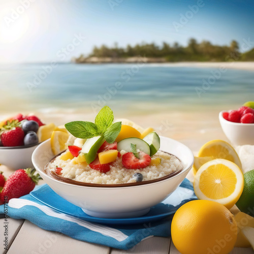 Bol con arroz fresas kiwi naranjas uva negra junto a esas frutas sobre una mesa con una playa el mar y una isla de fondo 