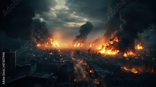 Burning city at night, war concept