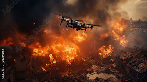 Military drone over burning buildings