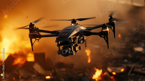 Military drone over burning buildings