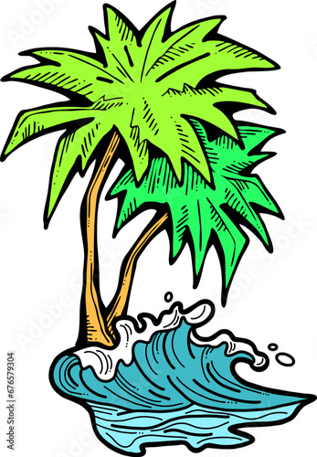 Palm and wave composition. Travel holiday, dream lagoon, spa resort, summer vacation, tropical paradise, ocean coast, sea shore design element. Hand drawn illustration, cartoon comic style vector.