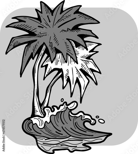 Palm and wave composition. Travel holiday, dream lagoon, spa resort, summer vacation, tropical paradise, ocean coast, sea shore design element. Hand drawn illustration, cartoon comic style vector.