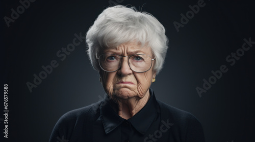 Portrait of stern looking old lady on dark background