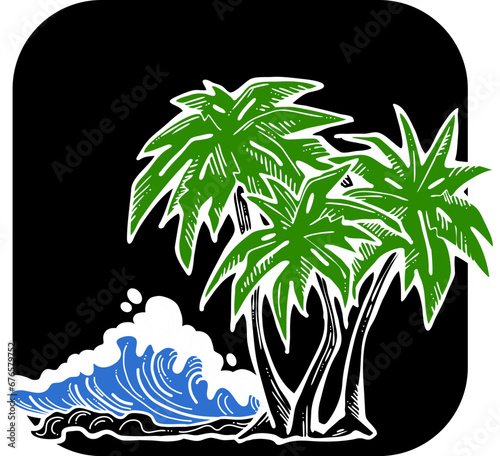 Palm and wave composition. Travel holiday, dream lagoon, spa resort, summer vacation, tropical paradise, ocean coast, sea shore design element. Hand drawn illustration, cartoon comic style vector.