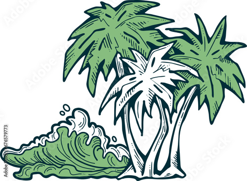 Palm and wave composition. Travel holiday, dream lagoon, spa resort, summer vacation, tropical paradise, ocean coast, sea shore design element. Hand drawn illustration, cartoon comic style vector.
