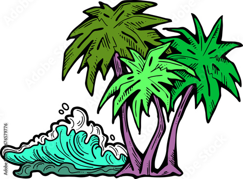 Palm and wave composition. Travel holiday, dream lagoon, spa resort, summer vacation, tropical paradise, ocean coast, sea shore design element. Hand drawn illustration, cartoon comic style vector.
