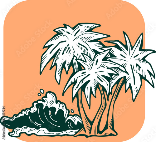 Palm and wave composition. Travel holiday, dream lagoon, spa resort, summer vacation, tropical paradise, ocean coast, sea shore design element. Hand drawn illustration, cartoon comic style vector.