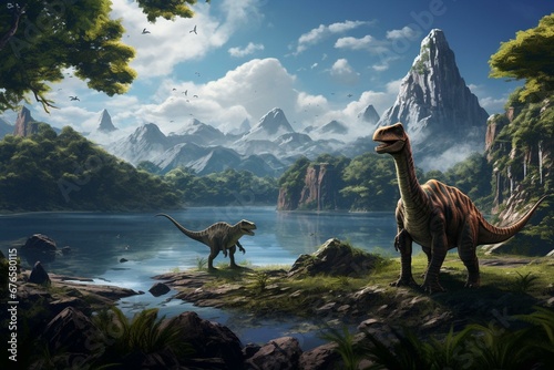Three dinosaurs in a valley near a lake. Generative AI © Astraea