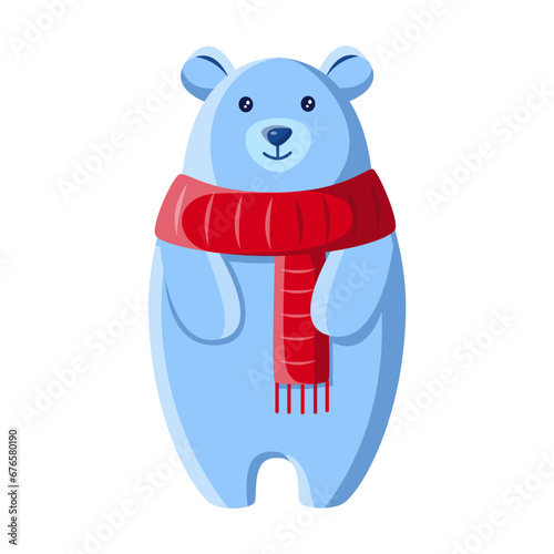 Cartoon blue bear with red scarf vector illustration