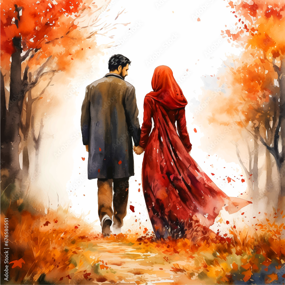 Muslim couple walking in autumn nature watercolor paint 