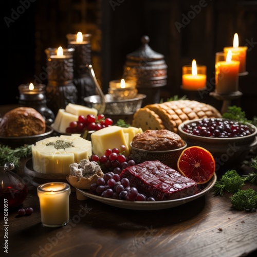 Julebord, a Norwegian Christmas table feast with mulled wine with candles, generative ai  photo