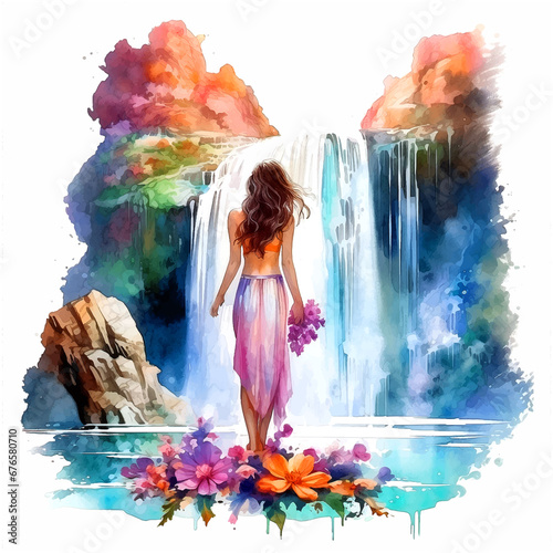  Girl in a waterfall in nature watercolor paint 