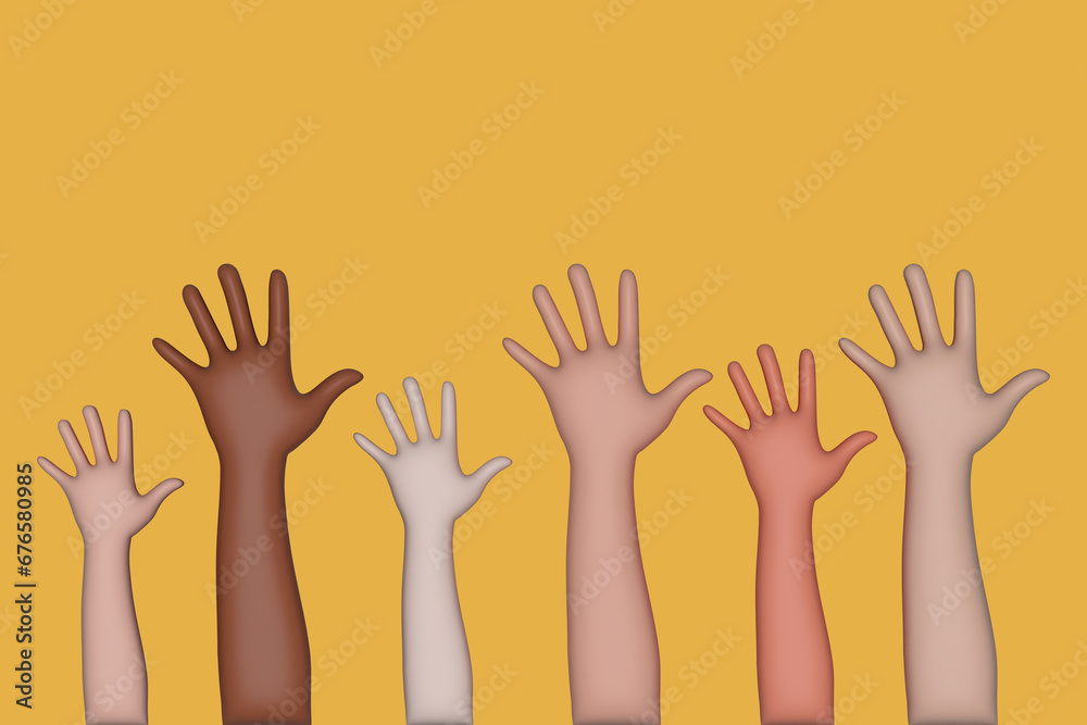 group of 3d hands raised against yellow background 