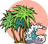 Palm and wave composition. Travel holiday, dream lagoon, spa resort, summer vacation, tropical paradise, ocean coast, sea shore design element. Hand drawn illustration, cartoon comic style vector.