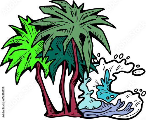 Palm and wave composition. Travel holiday, dream lagoon, spa resort, summer vacation, tropical paradise, ocean coast, sea shore design element. Hand drawn illustration, cartoon comic style vector.